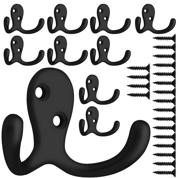 

10 pcs heavy duty double prong coat hooks wall mounted with 20 screws retro double robe hooks utility for coat scarf bag t