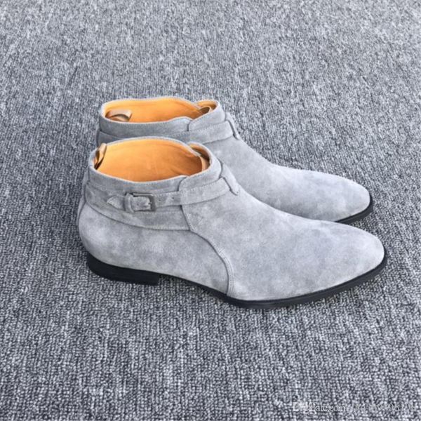 

exclusive handmade gray color paris gd qing-zhilong short ankle strap suede jodhpur catwalk ankle boot fashion persional shoes, Black