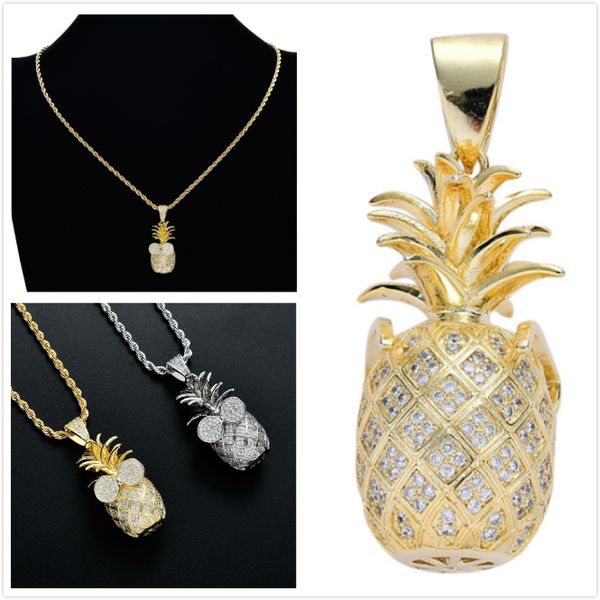 

personalized gold diamond lovers iced out 3d pineapple pendant necklace full cz cubic zirconia fruit hip hop rapper jewelry for men women, Silver