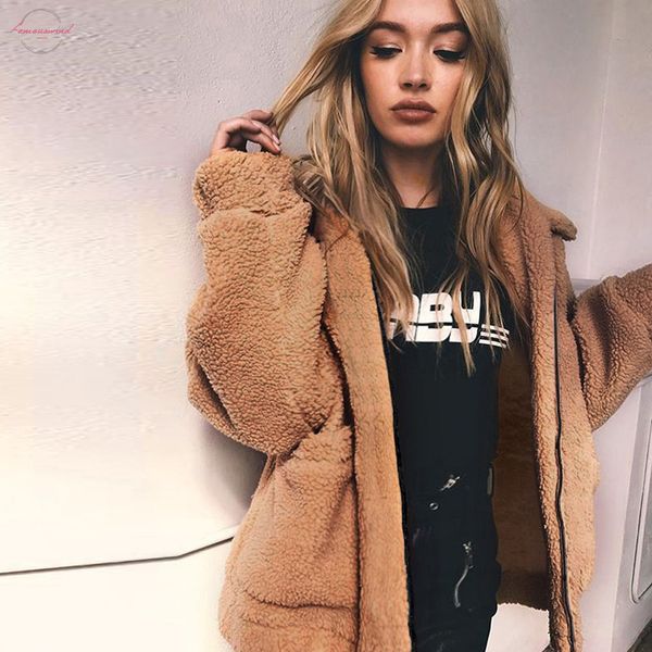 

open new autumn fuzzy faux fur bear coat jacket solid fashion hooded coat female long sleeve pocket women jacket, Black;brown