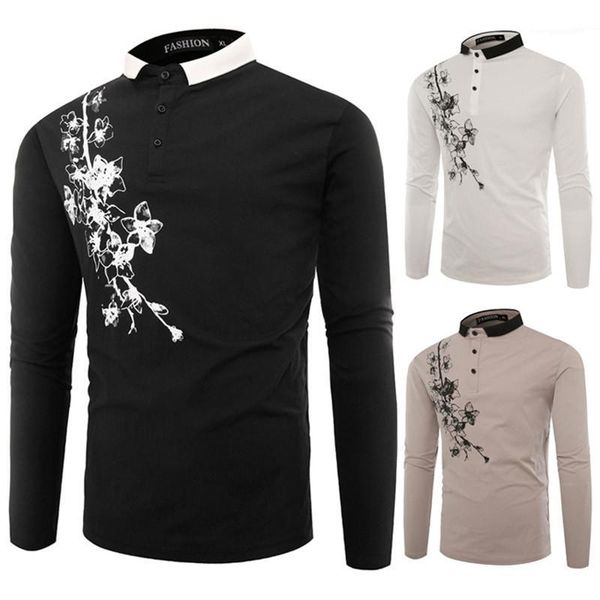 

designer polos fashion print buttons panelled mens lapel neck polos casual males clothing floral print mens, White;black
