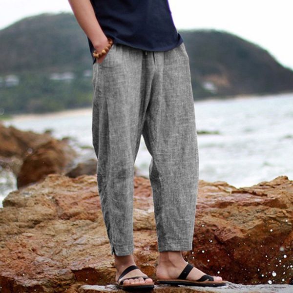 

pants men's summer new style simple fashionable pure cotton and linen harem baggy lightweight trousers summer beach pants, Black