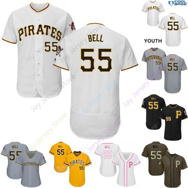 

2019 Pittsburgh 55 Josh Bell Jersey Pirates Jerseys Cool Base Flexbase Home Away White Black Red Grey Pullover Button Men Women Youth
