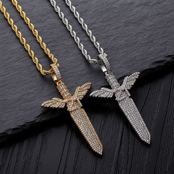 

hip hop micro paved + cubic zirconia iced out bling 21 savage sword pendants necklace for men rapper jewelry gold silver