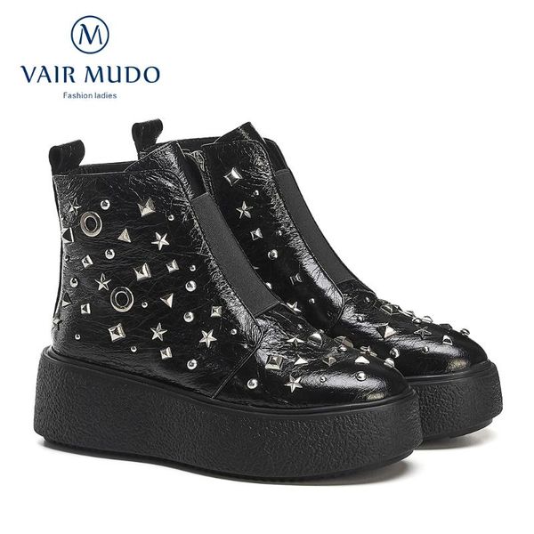 

vair mudo spring autumn ankle boots flat platform boots women shoes autumn winter fur fashion round toe lace-up leather dx14l, Black