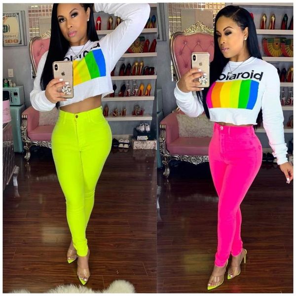 

2019 hot street fashion new women's rainbow pattern letters digital print рубашка с длинными рукавами футболка o-образным вырезом sexy crop, White
