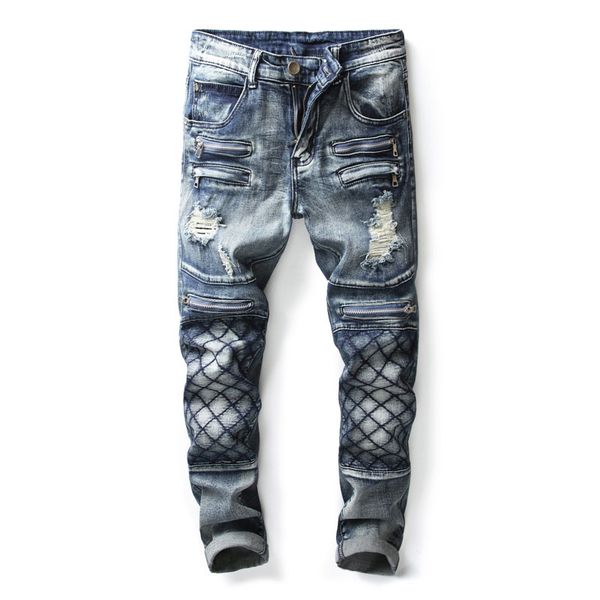 

european american style luxury quality men's slim jeans mens denim trousers straight punk style blue stripe jeans for men