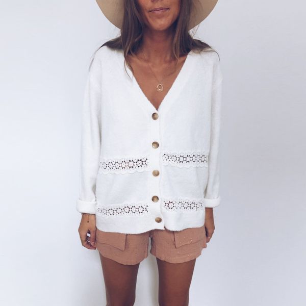 

women's clothing european american autumn casual hooded dress jacket fashion v-neck hollow long-sleeved jacket sweater, White;black