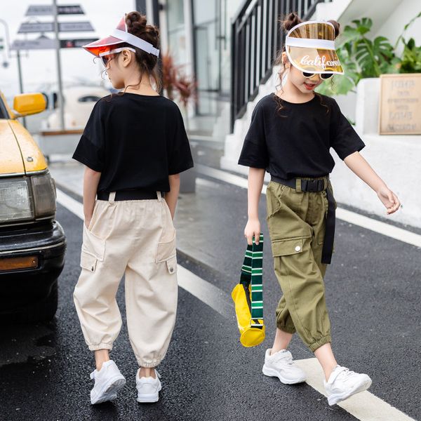 

summer clothes for girls solid shirt + cargo pants 2pcs costume for girls teenage kids summer clothes set 6 8 10 12 13 years old, White
