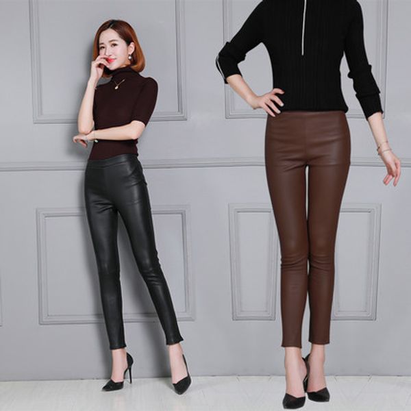 

2019 women high waist slim sheepskin print pants p21, Black;white