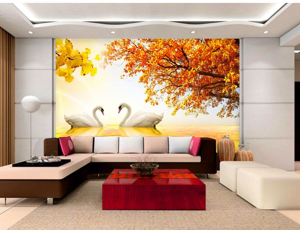 

золотая осень золотой лебедь озеро пейзаж гостиная спальня фон отделка стен обои 3d обои