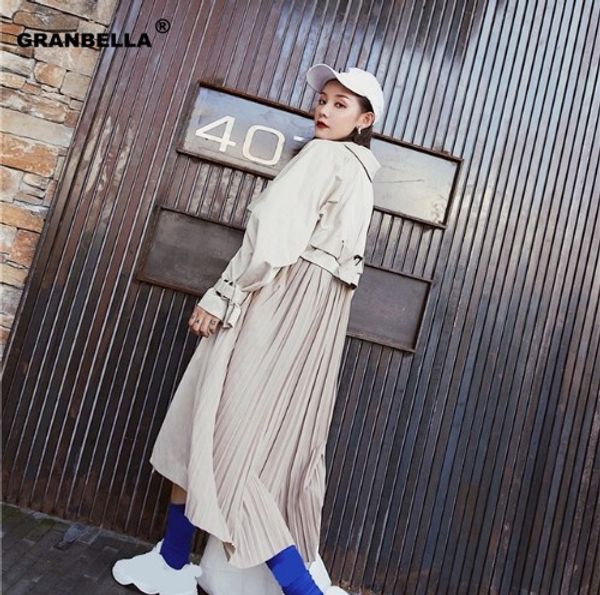 

women windbreaker spring new women's long trench coat pleated chiffon splice patchwork overcoat loose outwear with belt tr001, Tan;black