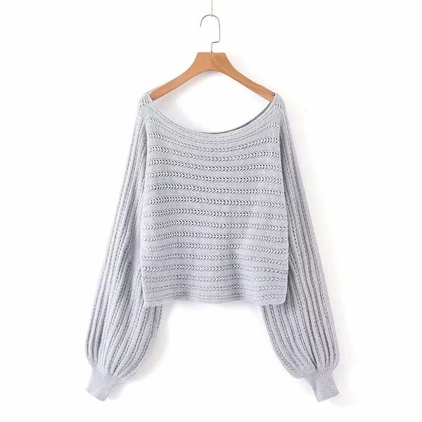 

grey off shoulder lantern sleeve knitted sweater women oversized sweater streetwear fashion 2019 autumn hollow short pullover, White;black