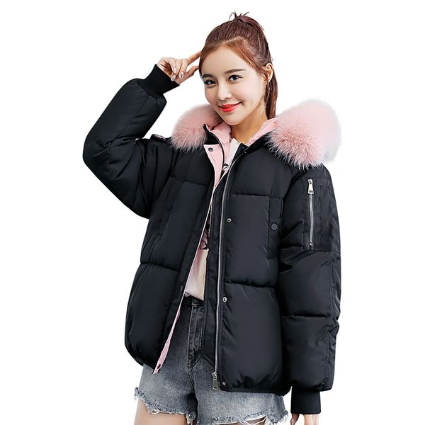 

jaycosin ladies fashion hooded fur collar cotton jacket 2019 new casual daily popular thick solid jacket autumn winter warm wild, Black