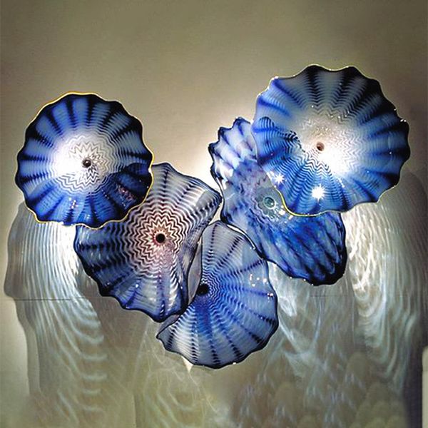 

100% mouth blown borosilicate lamps plate flower design elegant blue color modern murano glass wall hanging art deco plates