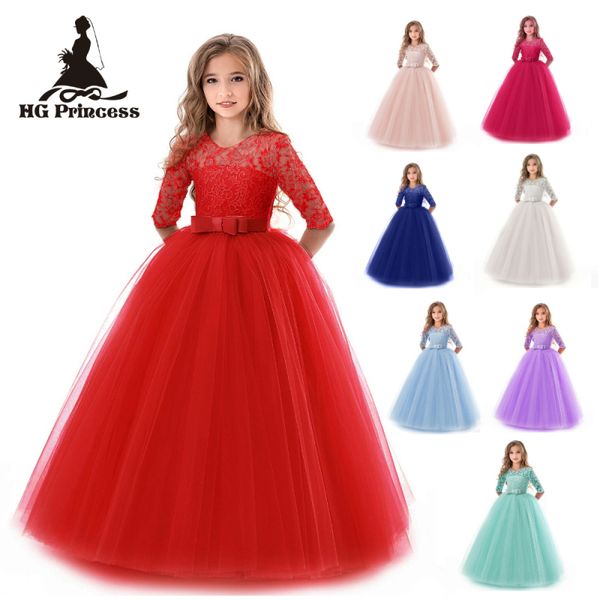 

ankle length kids party dresses 2019 new design three quater sleeves flower girl dress children princess ball gown, Red;yellow