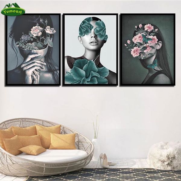 

canvas painting art print hd picture poster pink flowers woman portrait nordic wall art living room bedroom bedside home decor