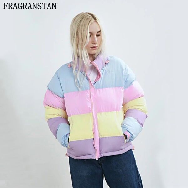 

winter women plus size sweet coat mujer short parkas padded warm hooded jacket rainbow stripe female clothing new outerwear y638, Black