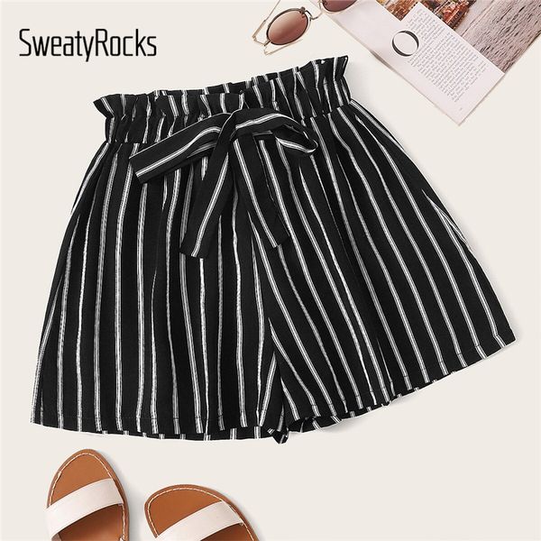 

sweatyrocks black high waist bow decor striped paperbag shorts women streetwear wide leg 2019 casual shorts womens summer, White;black