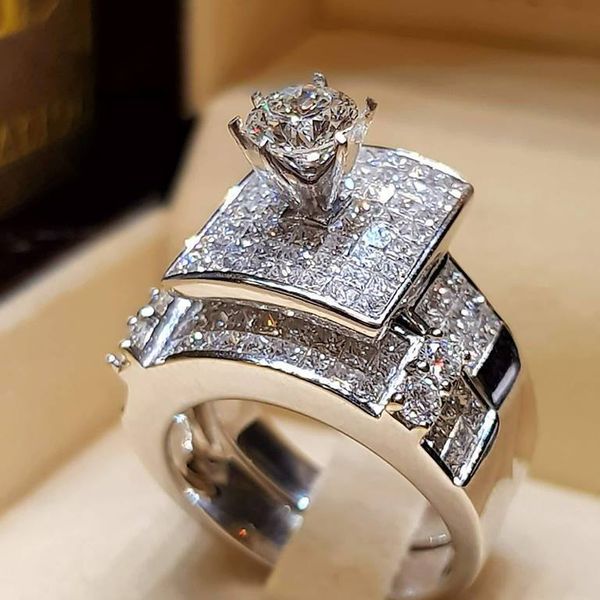 

европейская мода инкрустированные полный циркон обручальные кольца для женщин роскошные королева принцесса кольца набор годовщины свадьбы юв, Golden;silver