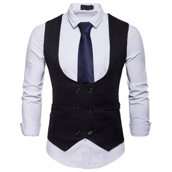 

2018 men's vest men's u-neck double-breasted casual suit vest dress banquet wedding work office clothing, Black;white