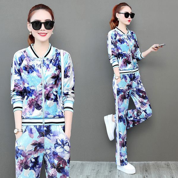 

autumn women sport suit sportswear velvet sweater loose zip up jacket sweatshirt+pant casual jogger running outfit set tracksuit, Black;blue