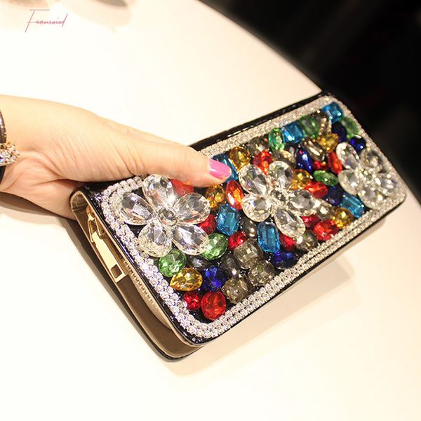 

colorful flowers crystal diamond lips kiss personalized fashion black wallet purse clutch handbag ladies evening bag