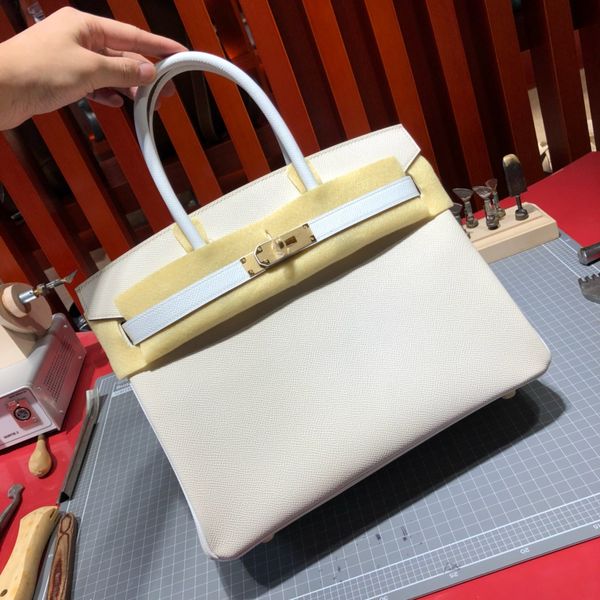 

wholesale,handmade original epsom leather craie+white 2tones brand bag30cm,wax thread,have gold and silver hardware,by order 10-15days
