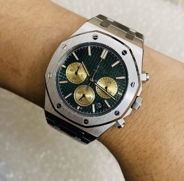 

2020 u1 new style quartz vk movement royal oak watch men green dial 316 stainless band male watch ng, Slivery;brown