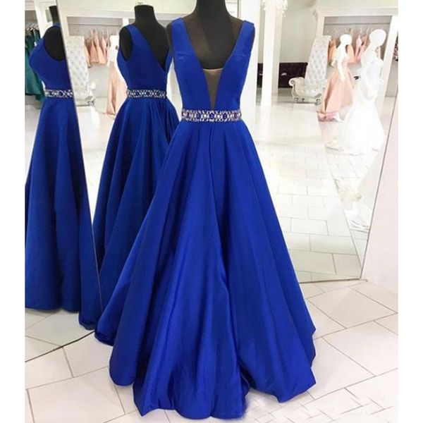 

Gorgeous A Line Blue Evening Dresses Plunging V Neck Sleeveless Formal Dresses Crystals Waist Long Prom Party Gowns Custom Made