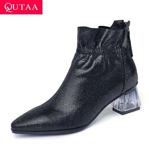 

qutaa 2020 new autumn winter pointed toe zipper fashion women shoes sheepskin square middle heel comfort ankle boots size 34-42, Black