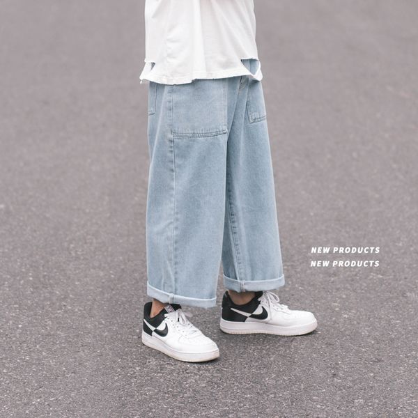 

прямые джинсы мужская мода промытые ретро повседневные джинсы брюки мужчины уличная дикая свободная хип-хоп джинсовые брюки мужские -3xl, Blue