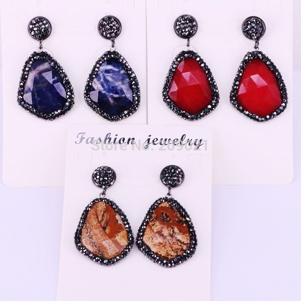

5pairs faceted natural stone dangle earrings with black rhinestone women trendy drop earrings, Silver