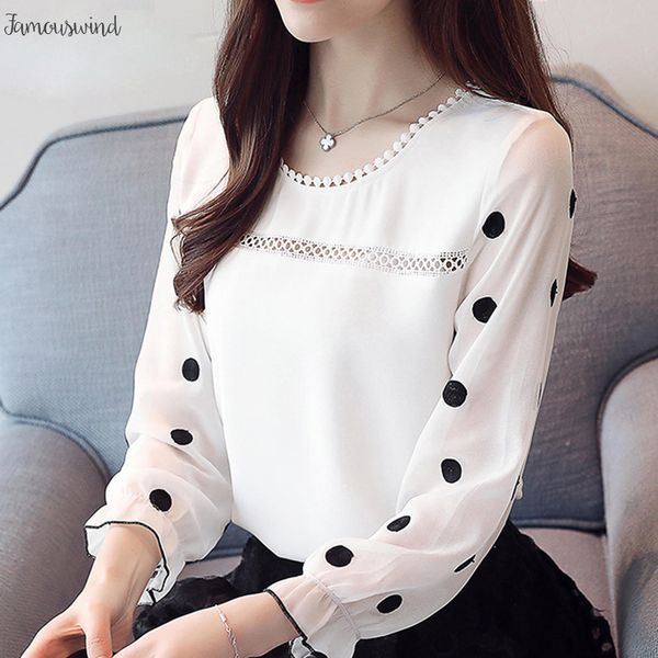 

блуза с длинным рукавом женщины мода 2019 шифон женская одежда сладкие o шеи черный dot белый женская верхняя blusas d383 30, White