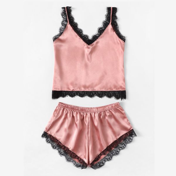 

summer sleepwear satin pajamas set lace cami and shorts sleeveless nightwear for women, Black;red