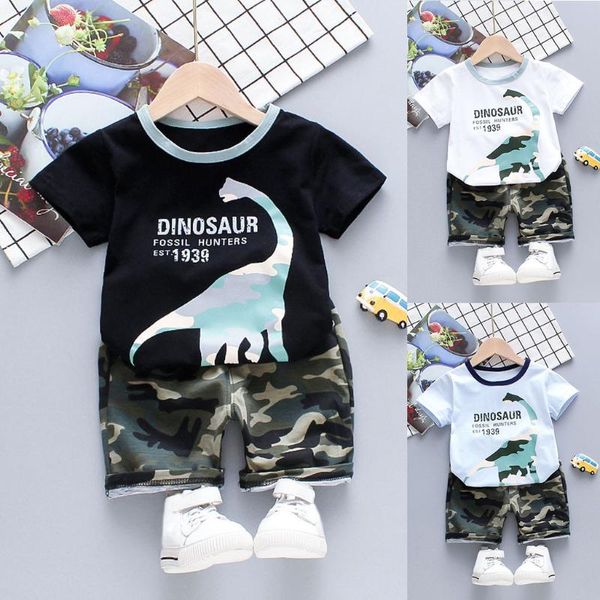 

2020 новый летний мальчики одежда хлопок повседневная детская одежда динозавр письмо печати топы камуфляж шорты наряды наборы 2 шт. roupas, White