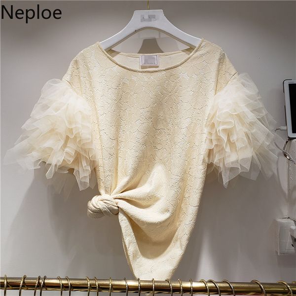 

women's t-shirt neploe korean women lace t shirts mesh patchwork short sleeve o-neck 2021 summer causal graphic tees femme 4a466, White