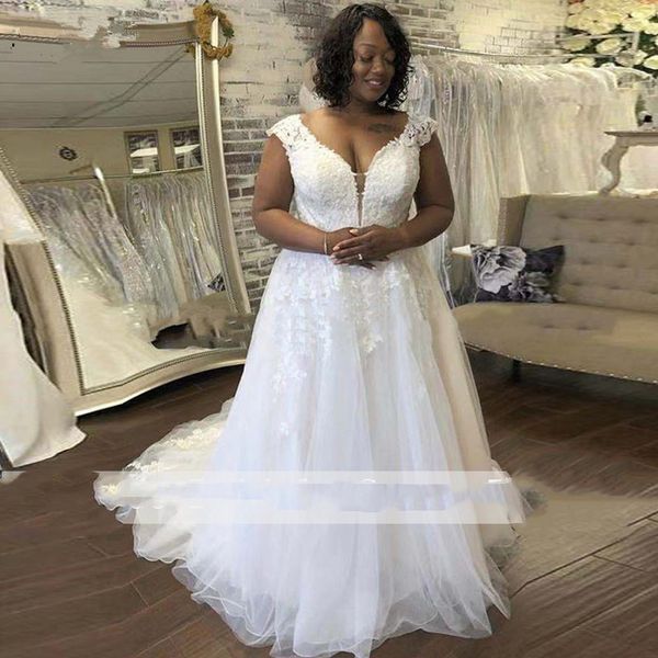 

plus size african wedding dresses v neck cap sleeve backless wedding gowns appliques lace customize bride dress, White