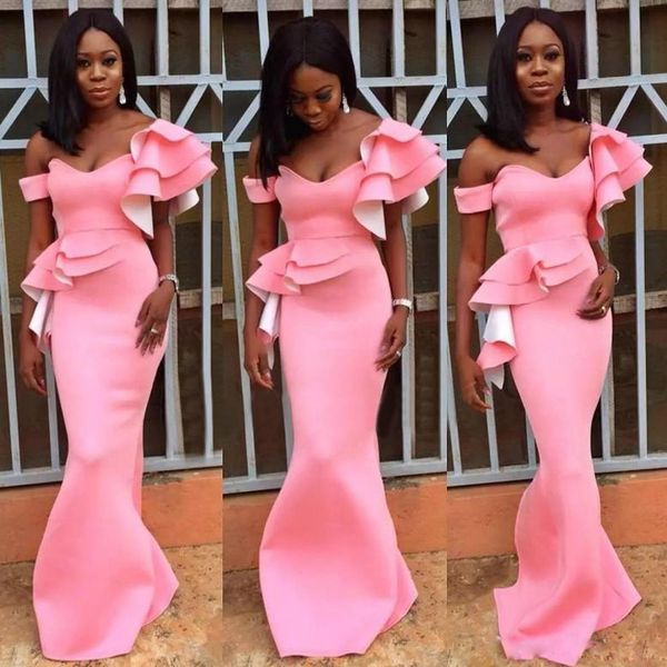 

pink one shoulder mermaid evening dresses ruffles tiered waist satin formal gowns satin sweep train vestidos de noiva, Black;red