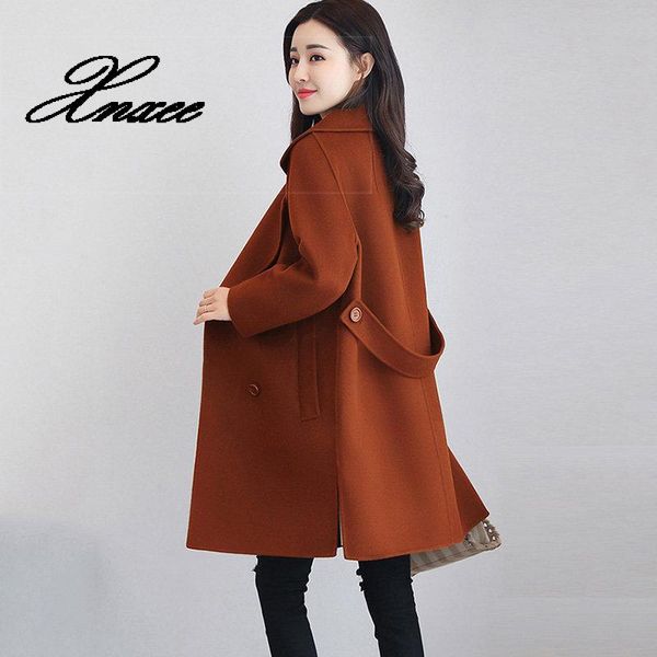 

xnxee autumn winter new woolen coat female long section korean double-breasted women double-faced cashmere coat, Black