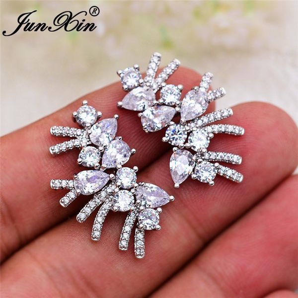 

luxury geometric crystal stone earrings 925 silver gold color white zircon teardrop tassel stud earrings for women wedding gifts, Golden;silver