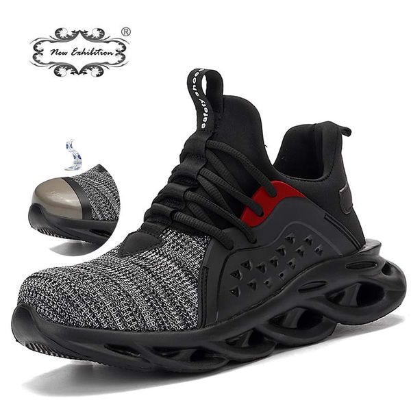 

new exhibition safety sneaker men fashion lightweight breathable outdoor steel toe cap anti-smashing protective work shoes boots, Black