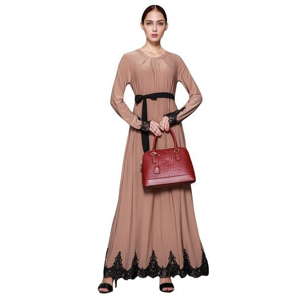 

women muslim maxi dress contrast lace long sleeve abaya kaftan islamic arab robe belted long dress burgundy/brown g7252br-3xl, Red