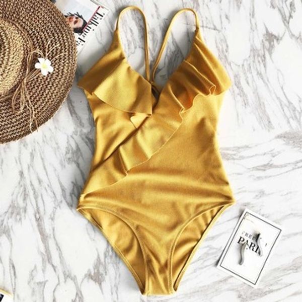 

happy ending yellow solid one-piece swimsuit falbala v neck ruffle monokini 2019 ladies beach bathing suit swimwear