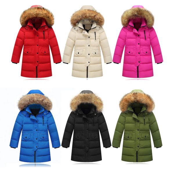 

fashion solid color girl winter down jackets fake fur hooded mid long children coats warm white duck down kids outerwears, Blue;gray