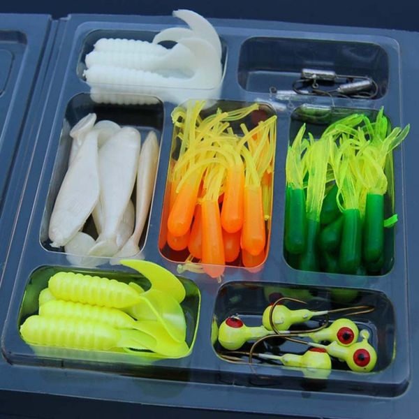 

35pcs soft worm fishing baits + 10 lead jig head hooks simulation lures tackle set fishing tools tackle box