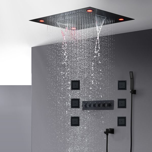 Schwarzes Badezimmer-Duschset, luxuriöse Thermostat-Wasserhähne, moderne große LED-Deckenwasserfall-Regenduschkopf 600 x 800 mm + Körpermassagedüsen