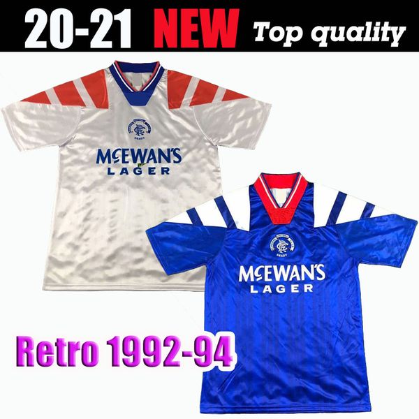 

92 94 glasgow rangers retro soccer jersey home blue away white #8 gascoigne #11 laudrup #9 mccoist soccer shirts #3 albertz football unifor, Black;yellow