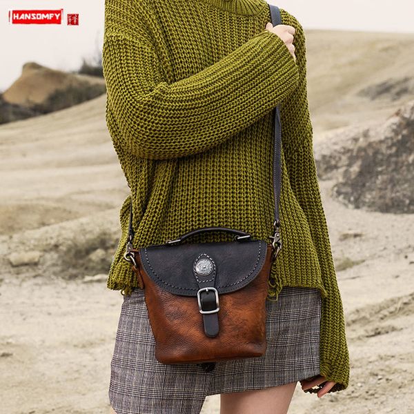 

2019 new retro leather women bag small handbag art bucket bag original handmade genuine leather female shoulder messenger bags