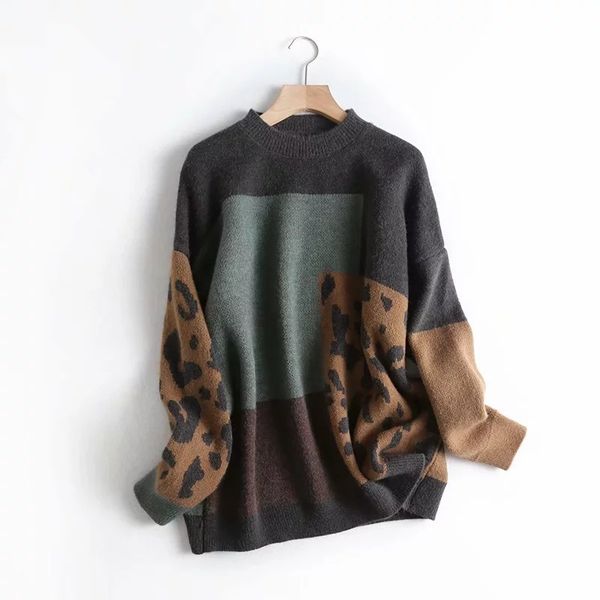 

2020 and o-neck long sleeve vintage knitted leopard women sweater autumn pullovers tricot pull femme, White;black
